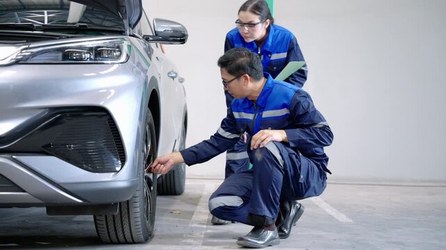 Professional electric vehicle technicians inspecting the front wheel, tire, and suspension of an electric car in an automotive service center. Teamwork, preventive maintenance, vehicle safety inspecti