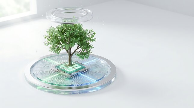 Green living tree growing on illuminated semiconductor platform, representing green computing, sustainable artificial intelligence, and environmental technology innovation.