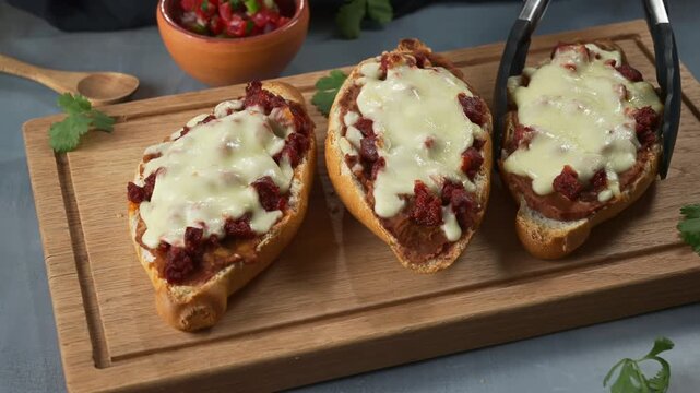 A hand places a piece of Mexican mollete with tongs on a wooden board next to more molletes