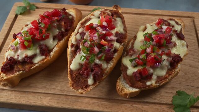 Aerial view of Mexican beans and cheese toast topped with fresh pico de gallo