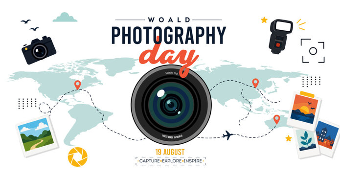 World Photography Day Banner with Camera Lens, Global Travel Map and Photography Equipment Vector Illustration