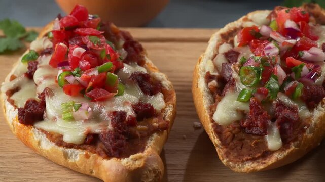 Close-up of homemade Mexican Molletes topped with chorizo, cheese, and salsa pico de gallo