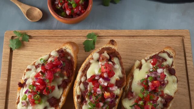 Delicious Mexican Breakfast. Molletes with Melted Cheese, Chorizo, and Fresh Pico de Gallo