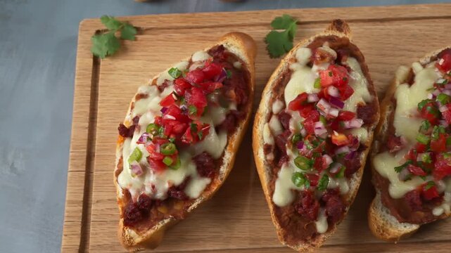 Homemade Mexican breakfast toasted bread with beans, melted cheese, chorizo and fresh pico de gallo