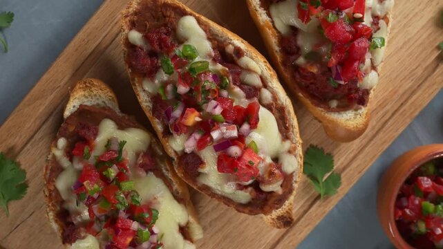 Delicious warm molletes with melted cheese, chorizo and pico de gallo salsa, ready to eat