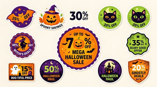 Set of halloween sale stickers and badges with spooky icons