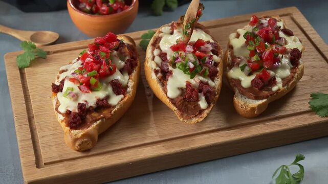 Preparing a cheese and chorizo Mexican mollete with pico de gallo on top