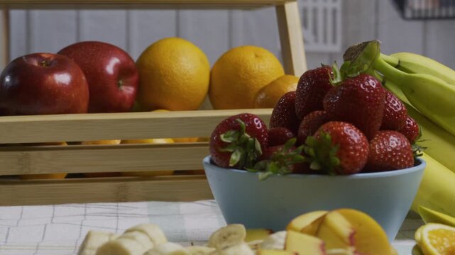 Delicious fruit on display on kitchen counter - closeup tracking shot