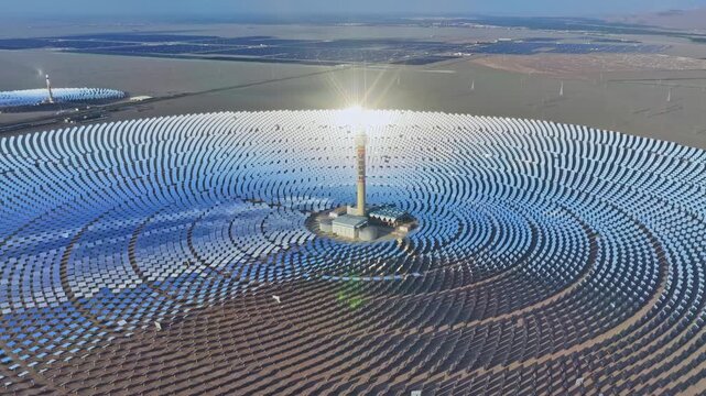 Molten salt tower solar thermal power plant, new energy, super mirror power plant, prism tower