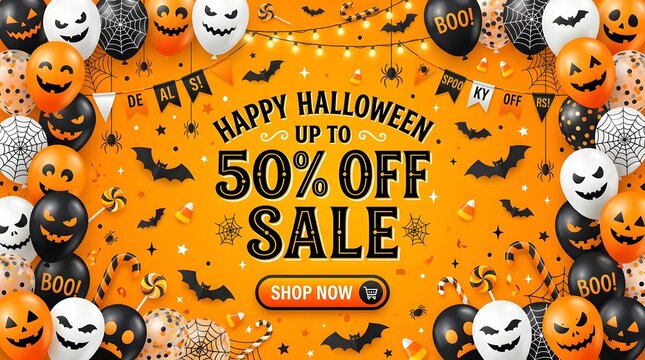 Halloween sale banner with balloons and bats