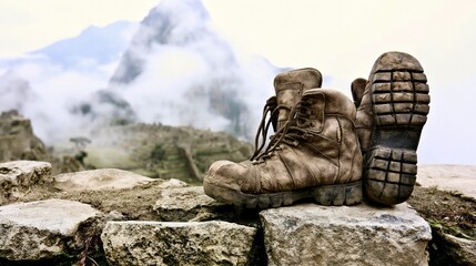 Fototapeta premium Worn hiking boots resting on a stone ledge with a misty mountain backdrop, ideal for outdoor adventure and travel themes.