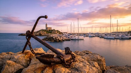 Obraz premium Antique nautical anchor resting on rocks with a scenic marina and lighthouse under a vibrant colorful sunset sky at dusk