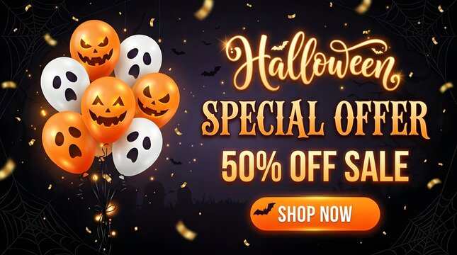 Halloween special offer sale banner with spooky balloons and confetti