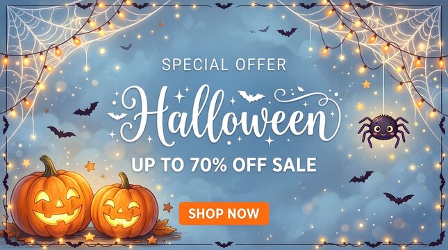 Halloween special offer banner with pumpkins, spider, and fairy lights