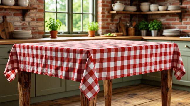 Rustic kitchen with wood table covered by red white checkered cloth. Bright daylight shines through window, illuminating kitchen interior. Cozy countryside home atmosphere.