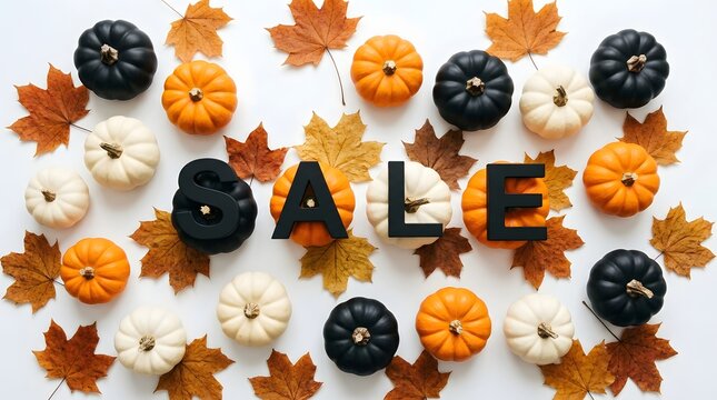 Halloween sale sign with pumpkins and autumn leaves isolated on white background