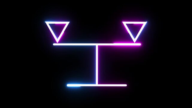 Neon scales symbol motion graphic with glowing blue and pink light effects on black background.
