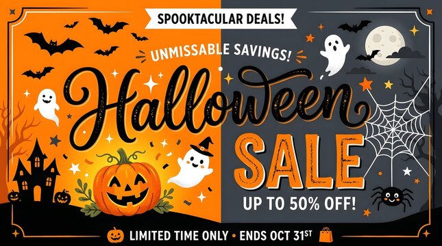Halloween sale banner with pumpkin, ghosts, bats, and spider web