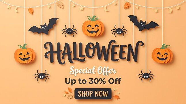 Halloween special offer banner with hanging pumpkins, bats, and spiders
