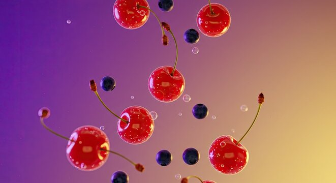 Vibrant red cherries and blueberries falling against gradient background