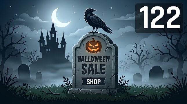 Halloween sale advertisement on a tombstone in a spooky graveyard
