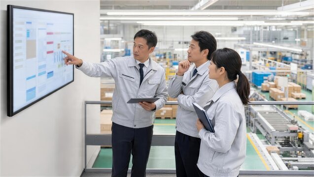 工場の大型モニターで生産状況を確認する管理チーム