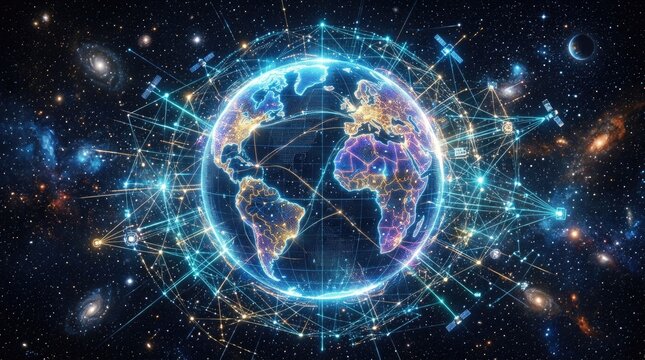 A vibrant digital Earth, glowing with intricate global networks and data streams, seamlessly illustrating advanced communication, a beacon of progress across vast cosmos
