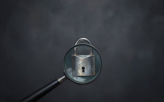 Magnifying glass hovers over padlock, symbolizing investigation into hidden secrets or security.
