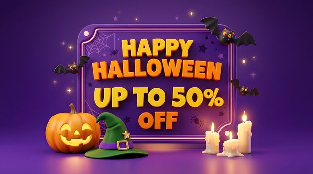 Halloween sale banner with 50 percent off text and festive decorations