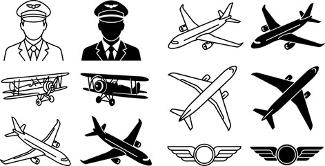 Aviation and pilot vector icon set featuring airplane models jet aircraft biplane wings badge and captain avatar outline silhouettes vector © Motahar