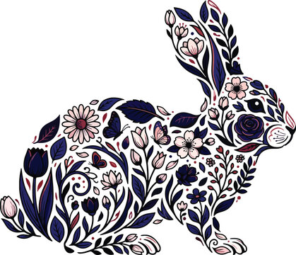 Rabbit figure silhouette decorated with beautiful spring flowers and blooming foliage.