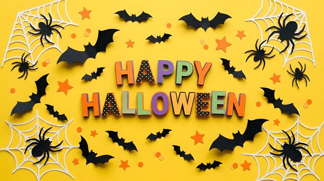 Happy halloween greeting card with bats and spiders