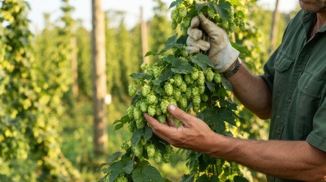 Farmer inspecting fresh green hop cones on the vine in a hop field during harvest season