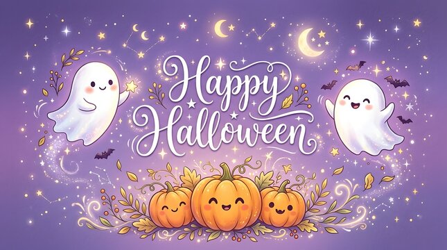 Happy halloween greeting card design with cute ghosts and pumpkins