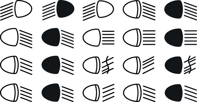Car headlight vector icon set featuring automotive dashboard light symbols low beam high beam fog lights indicators vector