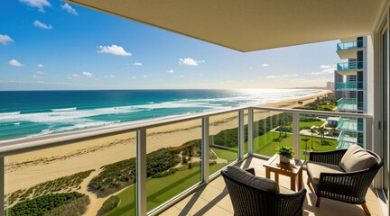 Obraz premium Modern luxury apartment balcony overlooks beautiful beach landscape. Terrace features comfortable wicker chairs with table under bright sunlight. Scenic ocean view displays turquoise water waves sand