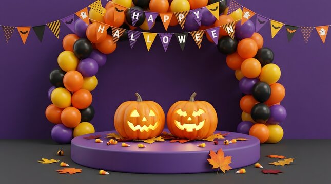 Halloween display with pumpkins and balloons on a purple background