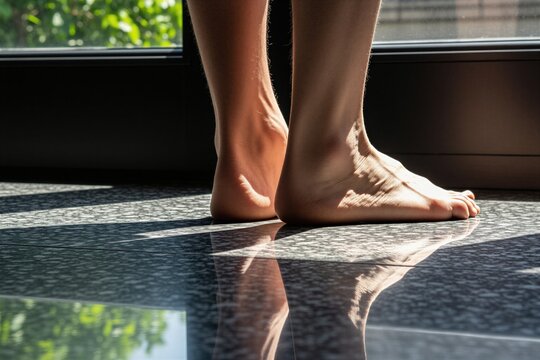 Bare human feet stand on shiny marble floor near window. Sunlight creates long shadows, clear reflection on dark tile surface. Person enjoys calm morning atmosphere in modern house. Close up view