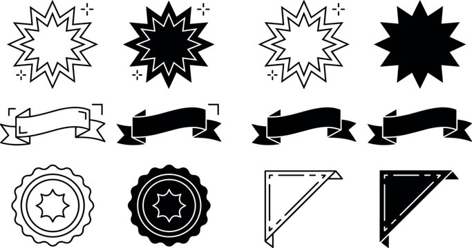 Commercial sale ribbon and burst sticker vector icon set featuring promotional labels badges round stamps and corner ribbons vector