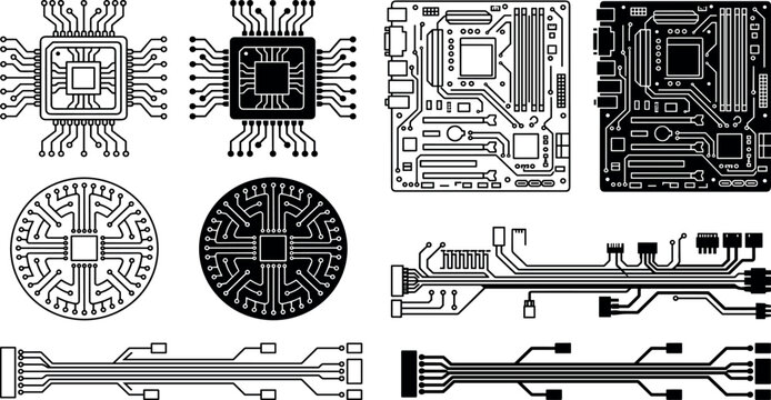 Computer motherboard and microprocessor vector icon set featuring circuit board layouts hardware microchips round circuits and data cables vector