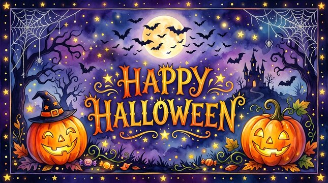 Happy halloween illustration with pumpkins, bats, and a full moon