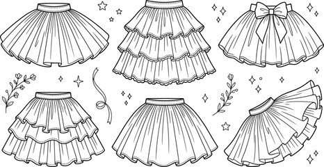 Cute tutu skirts collection featuring ruffled tiered and pleated designs with bows stars and sparkles doodle vector illustration © Motahar