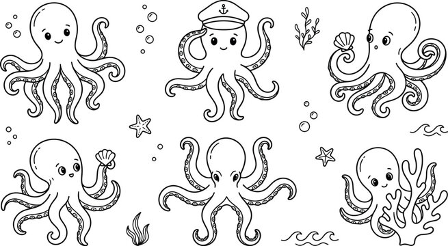 Cute octopus vector line art set featuring cartoon sea creatures wearing captain hat holding shells with marine coral waves and starfish elements.