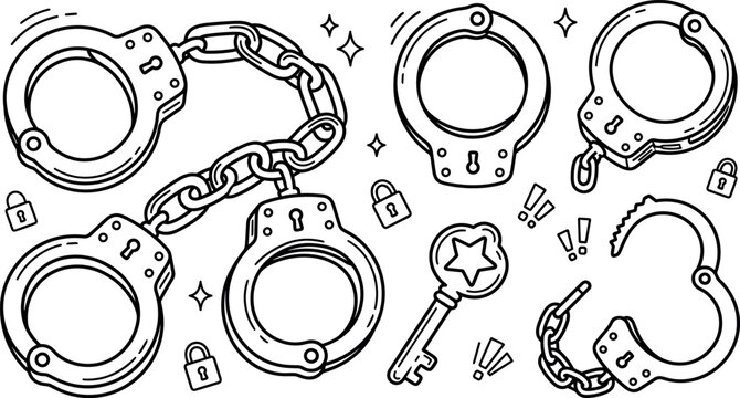 Handcuffs vector icon set featuring police shackles locked iron chains open cuffs star key and security padlocks vector