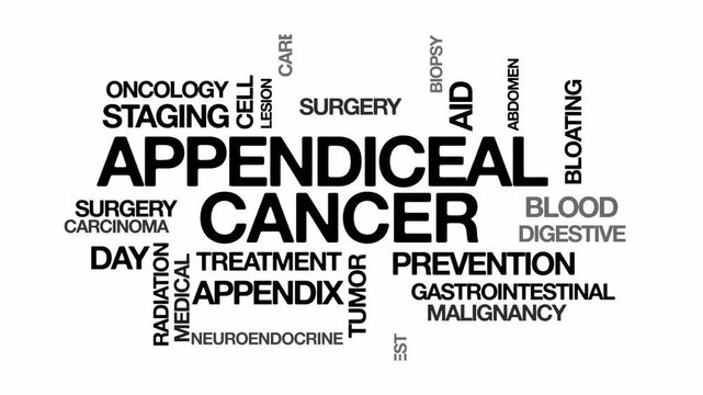 Appendiceal cancer concept Animated Tag Word Cloud kinetic typography, Text Design Animation typography seamless loop video motion graphics Intro Wordart arrangement black type on white background bg
