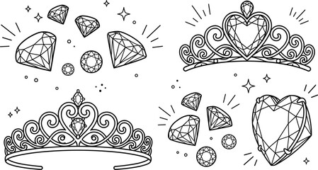Princess tiara and diamond vector icon set featuring royal crowns sparkling crystal gems heart shaped jewelry and luxury ornaments © Motahar