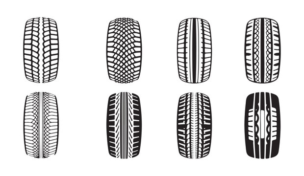Collection of different rubber tire tread patterns for automotive wheels and vehicle traction tire textures.