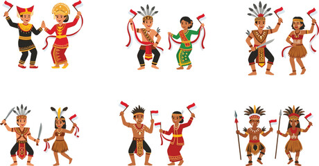Naklejka premium Indonesian Traditional Dancers Vector Set Celebrating Independence Day with Flags and Ethnic Costumes