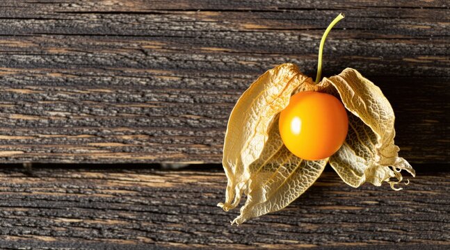 Single ripe orange physalis fruit with dry papery husk rests on dark wooden table. Top view shows natural light on berry. Healthy ingredient for food preparation.