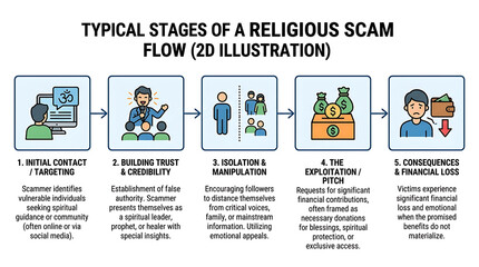 Fototapeta premium Illustration of the typical stages of a religious scam flow.